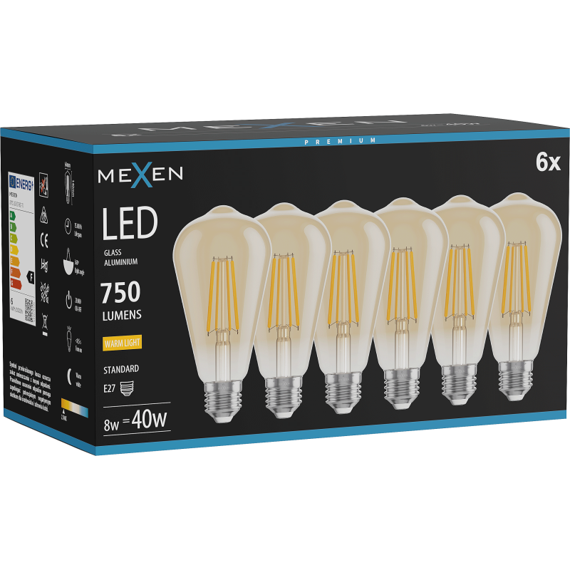 Mexen Vintis 6x żarówka filament LED E27, ST64, 8W, Ciepła - 2700K, 750 lm, amber - L152-E27-0827-50x06