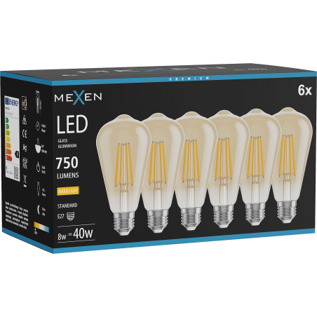 Mexen Vintis 6x żarówka filament LED E27, ST64, 8W, Ciepła - 2700K, 750 lm, amber - L152-E27-0827-50x06