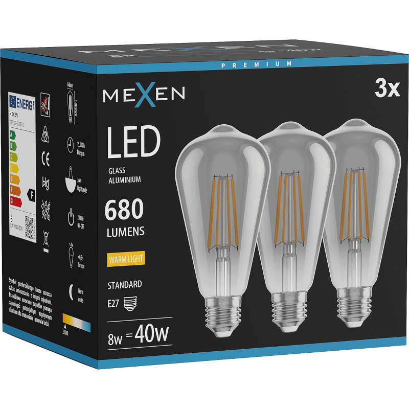 Mexen Vintis 3x żarówka filament LED E27, ST64, 8W, Ciepła - 2700K, 680 lm, smoke - L152-E27-0827-70x03