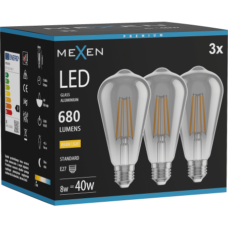 Mexen Vintis 3x żarówka filament LED E27, ST64, 8W, Ciepła - 2700K, 680 lm, smoke - L152-E27-0827-70x03
