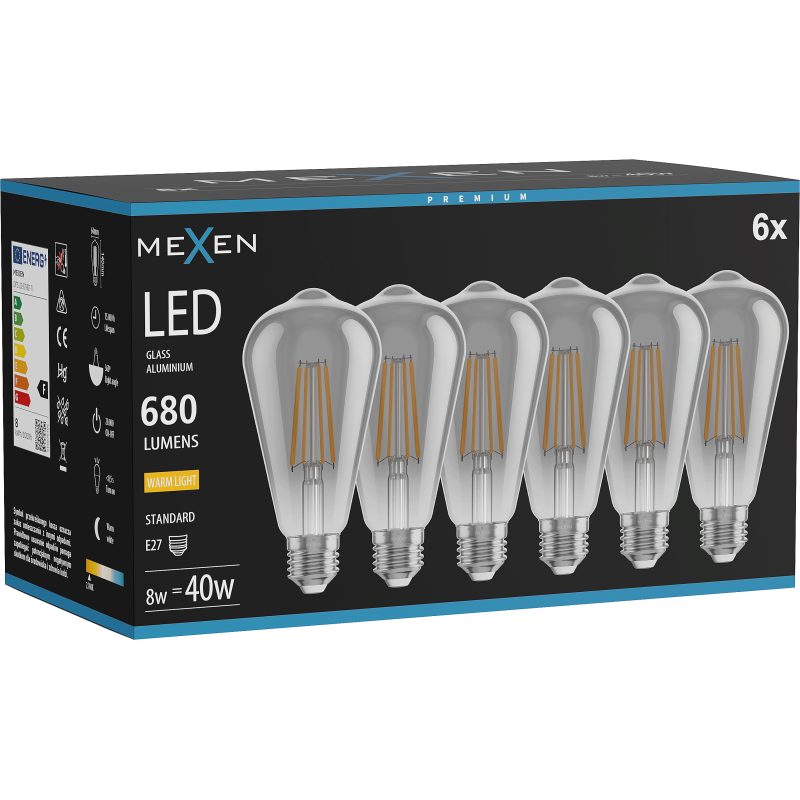 Mexen Vintis 6x żarówka filament LED E27, ST64, 8W, Ciepła - 2700K, 680 lm, smoke - L152-E27-0827-70x06