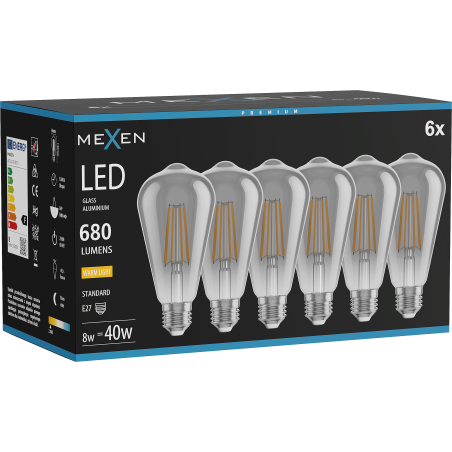 Mexen Vintis 6x żarówka filament LED E27, ST64, 8W, Ciepła - 2700K, 680 lm, smoke - L152-E27-0827-70x06