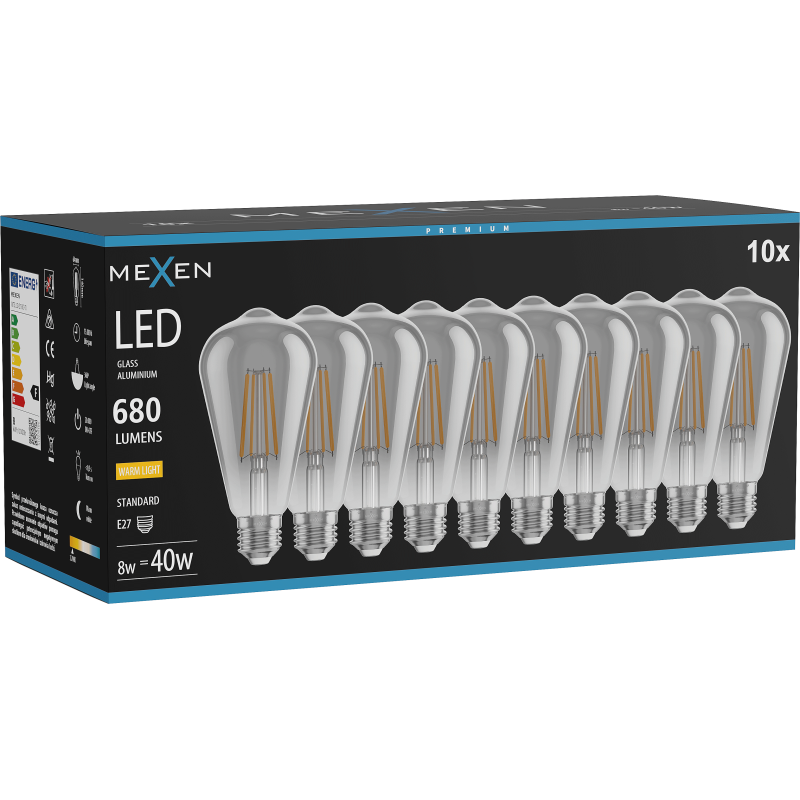 Mexen Vintis 10x żarówka filament LED E27, ST64, 8W, Ciepła - 2700K, 680 lm, smoke - L152-E27-0827-70x10