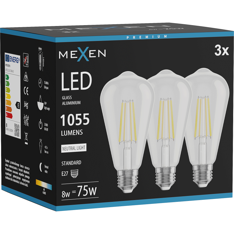 Mexen Vintis 3x żarówka filament LED E27, ST64, 8W, Neutralna - 4000K, 1055 lm, clear - L152-E27-0840-00x03