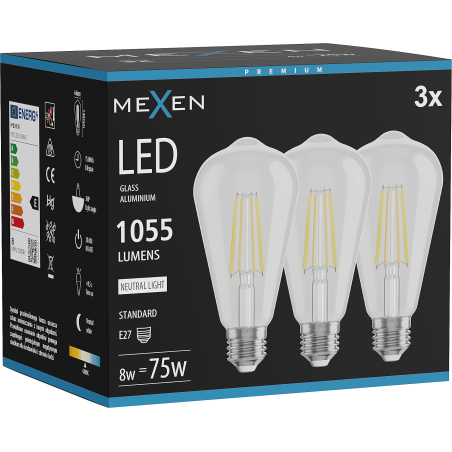 Mexen Vintis 3x żarówka filament LED E27, ST64, 8W, Neutralna - 4000K, 1055 lm, clear - L152-E27-0840-00x03