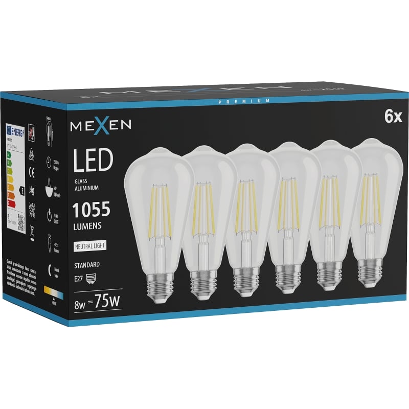 Mexen Vintis 6x żarówka filament LED E27, ST64, 8W, Neutralna - 4000K, 1055 lm, clear - L152-E27-0840-00x06