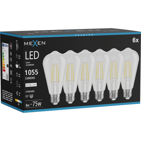 Mexen Vintis 6x żarówka filament LED E27, ST64, 8W, Neutralna - 4000K, 1055 lm, clear - L152-E27-0840-00x06