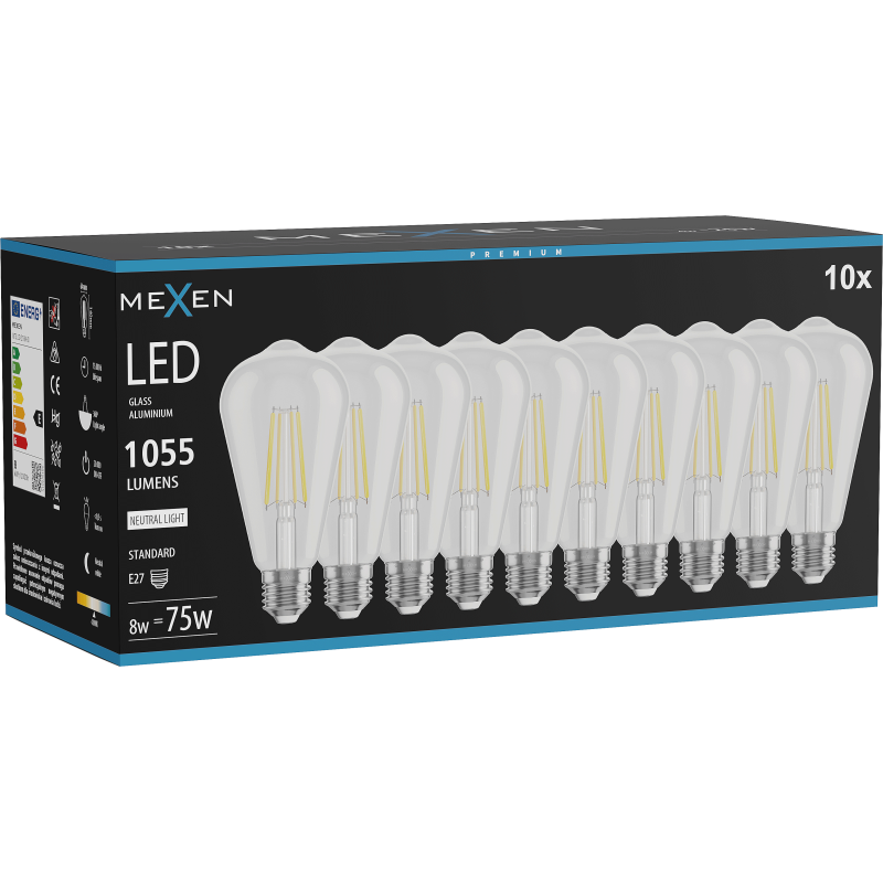 Mexen Vintis 10x żarówka filament LED E27, ST64, 8W, Neutralna - 4000K, 1055 lm, clear - L152-E27-0840-00x10