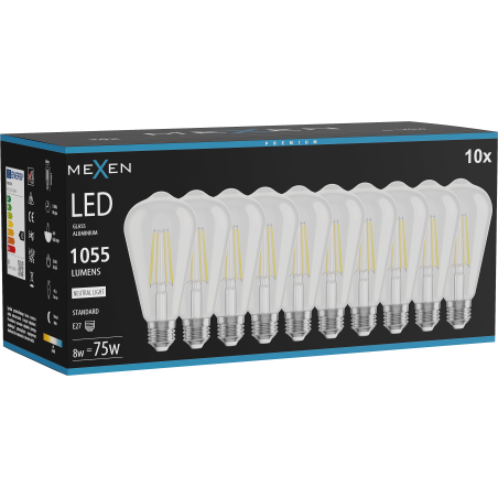 Mexen Vintis 10x żarówka filament LED E27, ST64, 8W, Neutralna - 4000K, 1055 lm, clear - L152-E27-0840-00x10