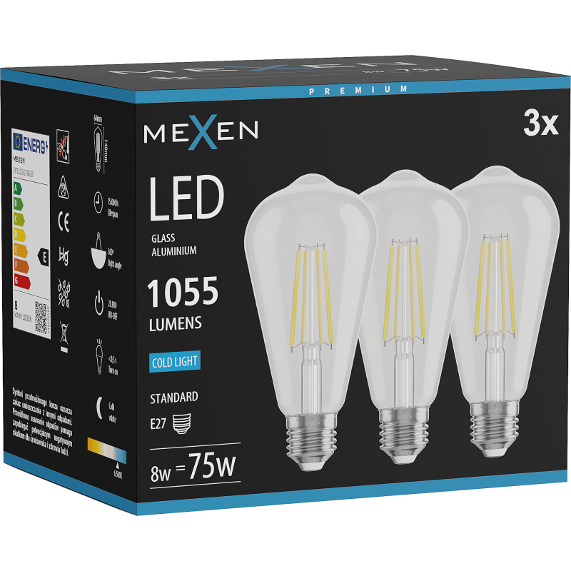 Mexen Vintis 3x żarówka filament LED E27, ST64, 8W, Zimna - 6500K, 1055 lm, clear - L152-E27-0865-00x03