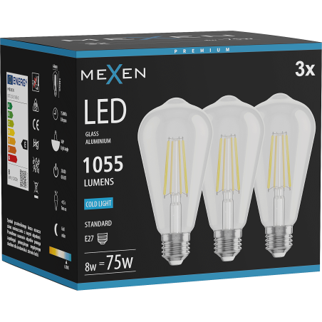 Mexen Vintis 3x żarówka filament LED E27, ST64, 8W, Zimna - 6500K, 1055 lm, clear - L152-E27-0865-00x03