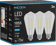 Mexen Vintis 3x żarówka filament LED E27, ST64, 8W, Zimna - 6500K, 1055 lm, clear - L152-E27-0865-00x03