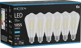 Mexen Vintis 6x żarówka filament LED E27, ST64, 8W, Zimna - 6500K, 1055 lm, clear - L152-E27-0865-00x06
