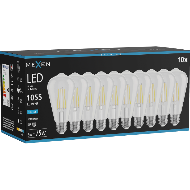 Mexen Vintis 10x żarówka filament LED E27, ST64, 8W, Zimna - 6500K, 1055 lm, clear - L152-E27-0865-00x10