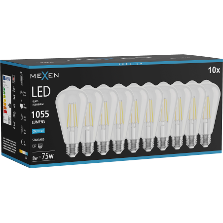 Mexen Vintis 10x żarówka filament LED E27, ST64, 8W, Zimna - 6500K, 1055 lm, clear - L152-E27-0865-00x10