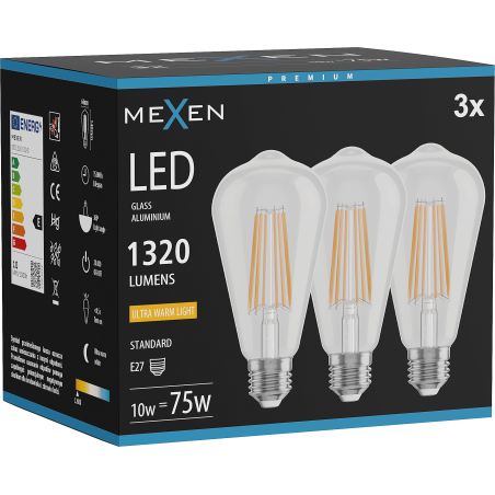 Mexen Vintis 3x żarówka filament LED E27, ST64, 10W, Ciepła - 2200K, 1320 lm, clear - L152-E27-1022-00x03