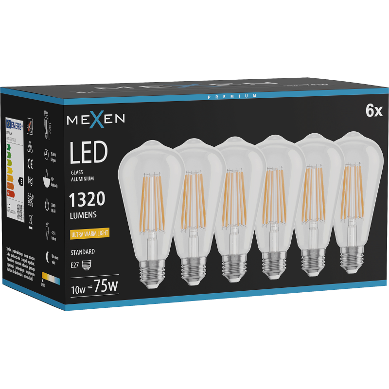 Mexen Vintis 6x żarówka filament LED E27, ST64, 10W, Ciepła - 2200K, 1320 lm, clear - L152-E27-1022-00x06