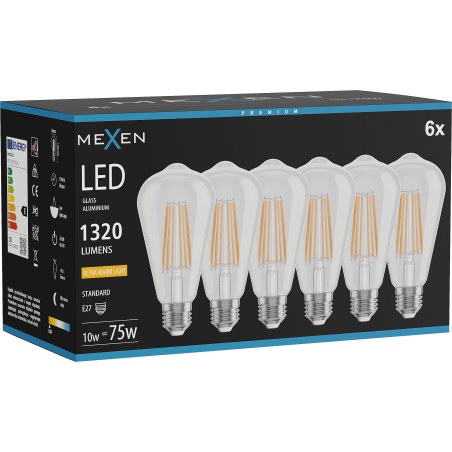 Mexen Vintis 6x żarówka filament LED E27, ST64, 10W, Ciepła - 2200K, 1320 lm, clear - L152-E27-1022-00x06