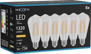 Mexen Vintis 6x żarówka filament LED E27, ST64, 10W, Ciepła - 2200K, 1320 lm, clear - L152-E27-1022-00x06