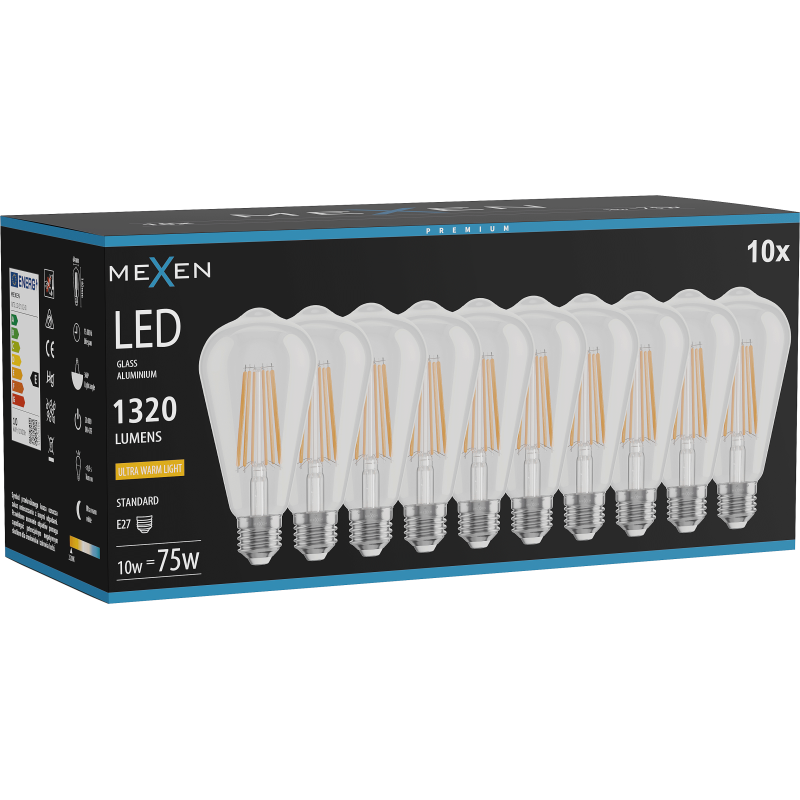 Mexen Vintis 10x żarówka filament LED E27, ST64, 10W, Ciepła - 2200K, 1320 lm, clear - L152-E27-1022-00x10