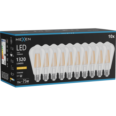 Mexen Vintis 10x żarówka filament LED E27, ST64, 10W, Ciepła - 2200K, 1320 lm, clear - L152-E27-1022-00x10