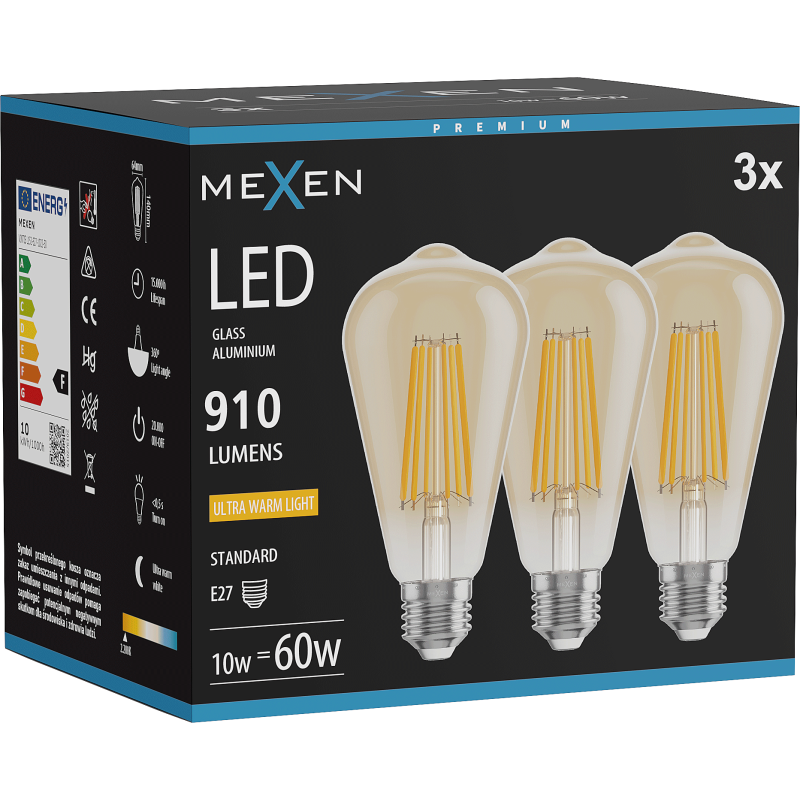 Mexen Vintis 3x żarówka filament LED E27, ST64, 10W, Ciepła - 2200K, 910 lm, amber - L152-E27-1022-50x03