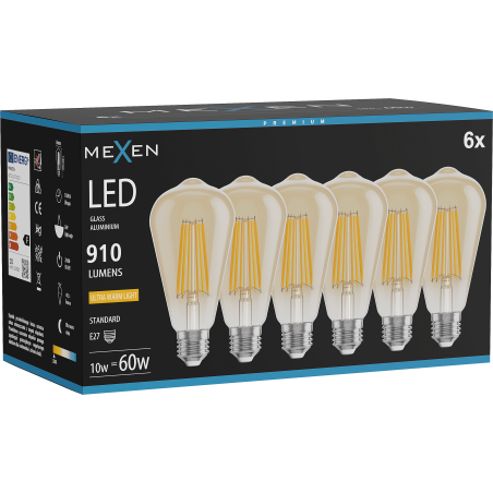 Mexen Vintis 6x żarówka filament LED E27, ST64, 10W, Ciepła - 2200K, 910 lm, amber - L152-E27-1022-50x06