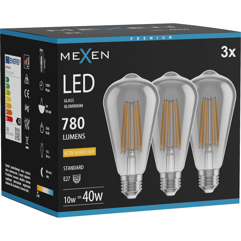 Mexen Vintis 3x żarówka filament LED E27, ST64, 10W, Ciepła - 2200K, 780 lm, smoke - L152-E27-1022-70x03