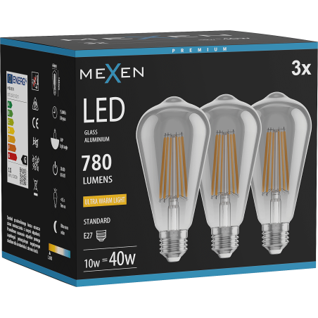 Mexen Vintis 3x żarówka filament LED E27, ST64, 10W, Ciepła - 2200K, 780 lm, smoke - L152-E27-1022-70x03