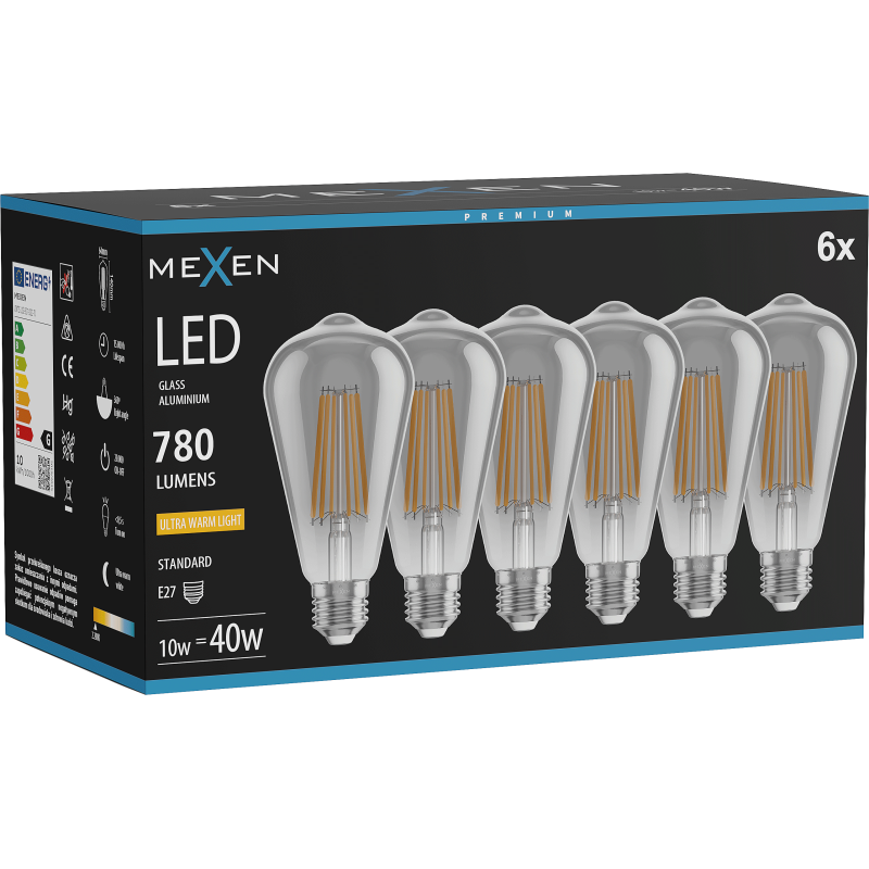 Mexen Vintis 6x żarówka filament LED E27, ST64, 10W, Ciepła - 2200K, 780 lm, smoke - L152-E27-1022-70x06