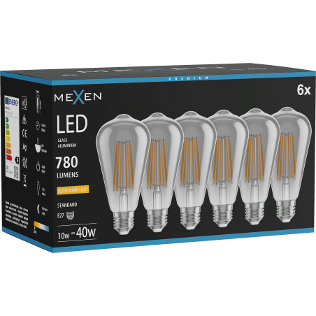 Mexen Vintis 6x żarówka filament LED E27, ST64, 10W, Ciepła - 2200K, 780 lm, smoke - L152-E27-1022-70x06