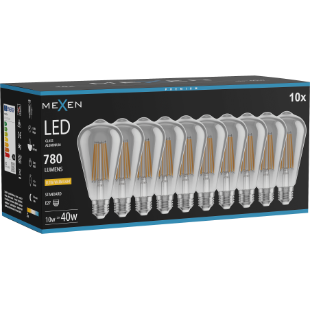 Mexen Vintis 10x żarówka filament LED E27, ST64, 10W, Ciepła - 2200K, 780 lm, smoke - L152-E27-1022-70x10