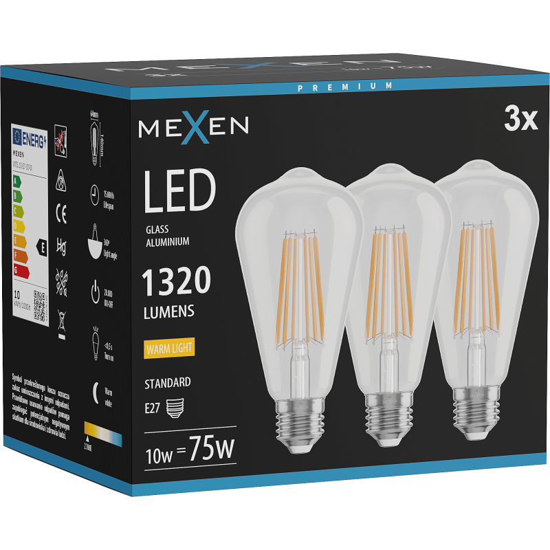 Mexen Vintis 3x żarówka filament LED E27, ST64, 10W, Ciepła - 2700K, 1320 lm, clear - L152-E27-1027-00x03