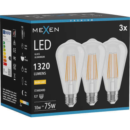 Mexen Vintis 3x żarówka filament LED E27, ST64, 10W, Ciepła - 2700K, 1320 lm, clear - L152-E27-1027-00x03