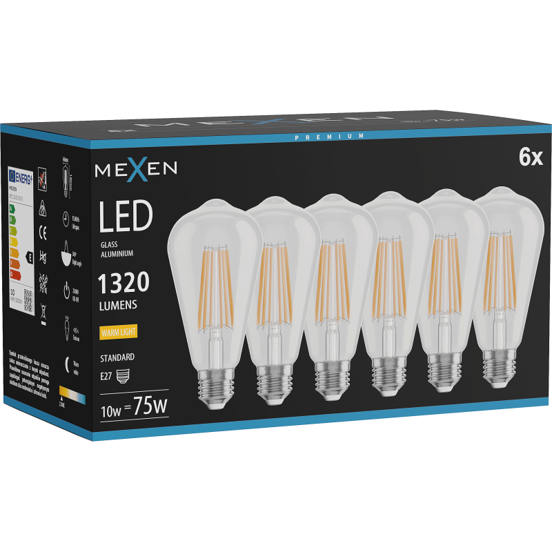 Mexen Vintis 6x żarówka filament LED E27, ST64, 10W, Ciepła - 2700K, 1320 lm, clear - L152-E27-1027-00x06