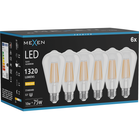 Mexen Vintis 6x żarówka filament LED E27, ST64, 10W, Ciepła - 2700K, 1320 lm, clear - L152-E27-1027-00x06