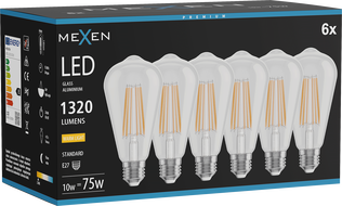 Mexen Vintis 6x żarówka filament LED E27, ST64, 10W, Ciepła - 2700K, 1320 lm, clear - L152-E27-1027-00x06