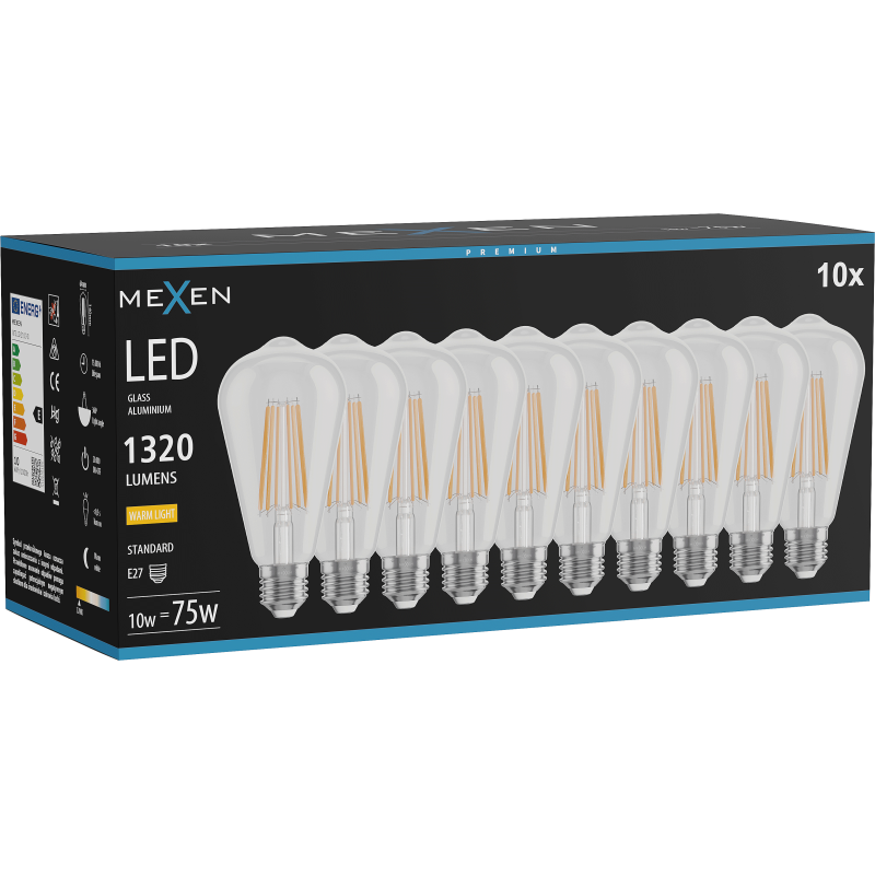 Mexen Vintis 10x żarówka filament LED E27, ST64, 10W, Ciepła - 2700K, 1320 lm, clear - L152-E27-1027-00x10