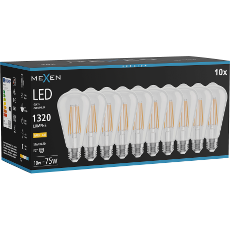 Mexen Vintis 10x żarówka filament LED E27, ST64, 10W, Ciepła - 2700K, 1320 lm, clear - L152-E27-1027-00x10