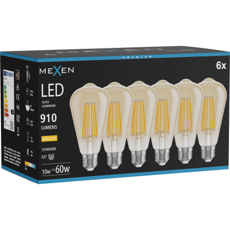 Mexen Vintis 6x żarówka filament LED E27, ST64, 10W, Ciepła - 2700K, 910 lm, amber - L152-E27-1027-50x06