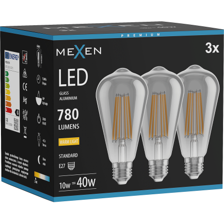 Mexen Vintis 3x żarówka filament LED E27, ST64, 10W, Ciepła - 2700K, 780 lm, smoke - L152-E27-1027-70x03