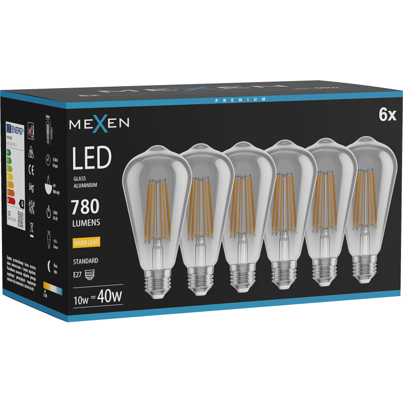 Mexen Vintis 6x żarówka filament LED E27, ST64, 10W, Ciepła - 2700K, 780 lm, smoke - L152-E27-1027-70x06