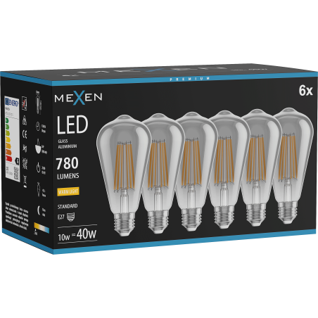 Mexen Vintis 6x żarówka filament LED E27, ST64, 10W, Ciepła - 2700K, 780 lm, smoke - L152-E27-1027-70x06