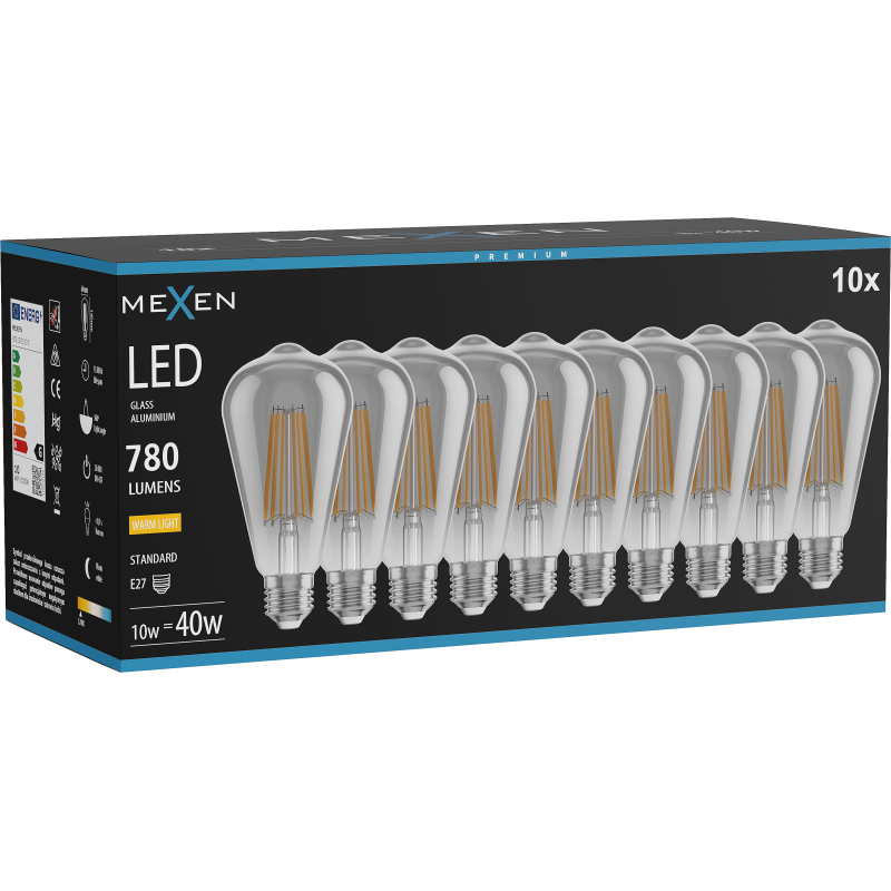 Mexen Vintis 10x żarówka filament LED E27, ST64, 10W, Ciepła - 2700K, 780 lm, smoke - L152-E27-1027-70x10