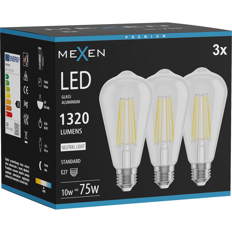 Mexen Vintis 3x żarówka filament LED E27, ST64, 10W, Neutralna - 4000K, 1320 lm, clear - L152-E27-1040-00x03