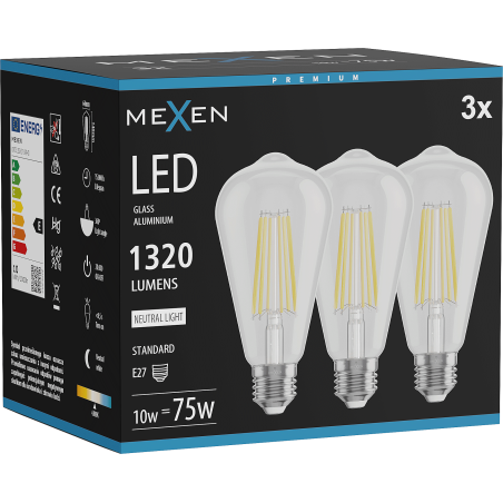 Mexen Vintis 3x żarówka filament LED E27, ST64, 10W, Neutralna - 4000K, 1320 lm, clear - L152-E27-1040-00x03