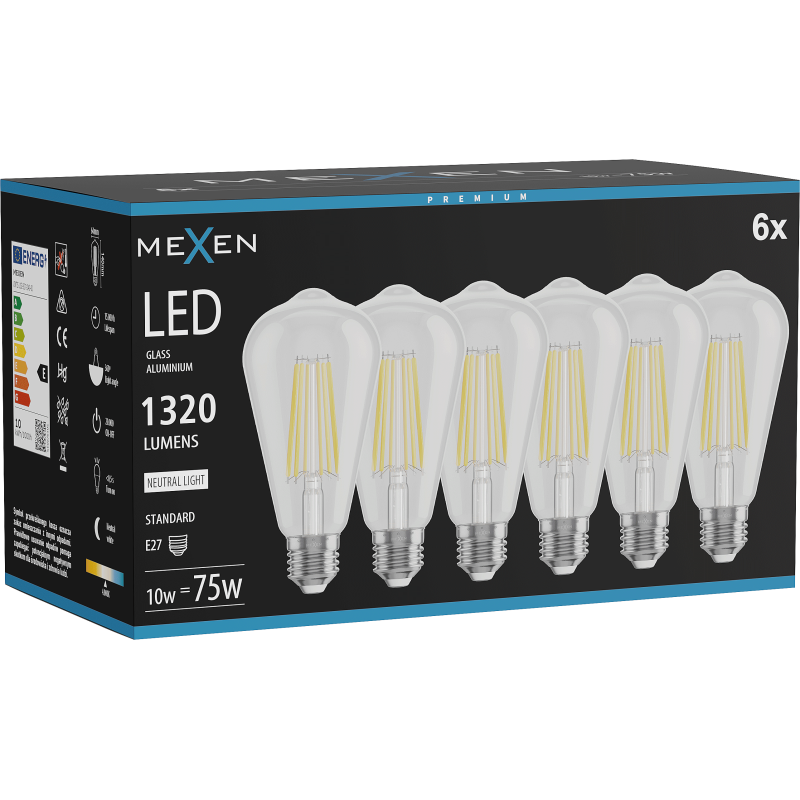 Mexen Vintis 6x żarówka filament LED E27, ST64, 10W, Neutralna - 4000K, 1320 lm, clear - L152-E27-1040-00x06