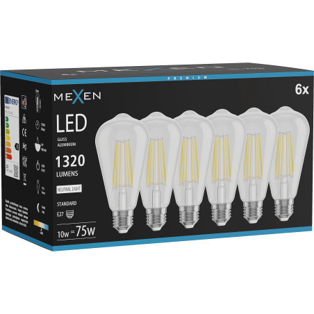 Mexen Vintis 6x żarówka filament LED E27, ST64, 10W, Neutralna - 4000K, 1320 lm, clear - L152-E27-1040-00x06