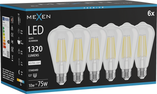 Mexen Vintis 6x żarówka filament LED E27, ST64, 10W, Neutralna - 4000K, 1320 lm, clear - L152-E27-1040-00x06