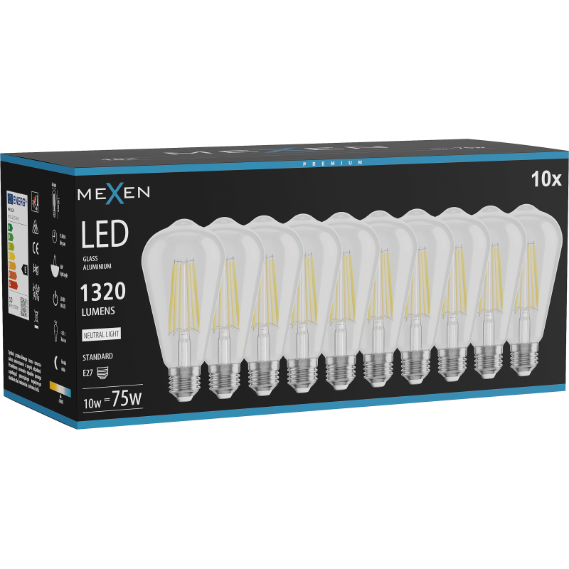 Mexen Vintis 10x żarówka filament LED E27, ST64, 10W, Neutralna - 4000K, 1320 lm, clear - L152-E27-1040-00x10